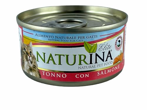 NATURINA - Elite Feuchte für Katzen, Thunfisch mit Lachs, gedämpft und in Kochwasser konserviert, ohne Konservierungsstoffe und synthetische Farbstoffe, für alle Größen, 24 Dosen à 70 g von Naturina