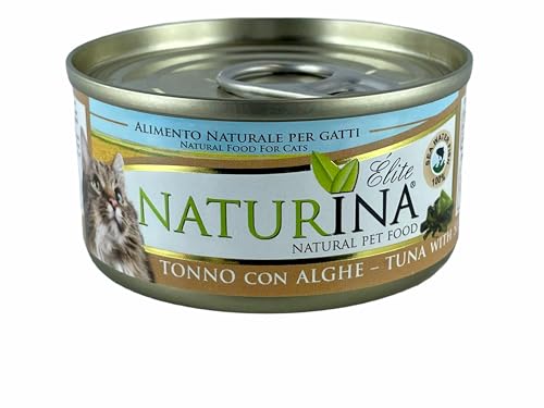 NATURINA - Elite Nassfutter für Katzen, Thunfisch mit Algen, gedämpft und in Kochwasser konserviert, ohne Konservierungsstoffe und synthetische Farbstoffe, für alle Größen, 24 Dosen à 70 g von Naturina
