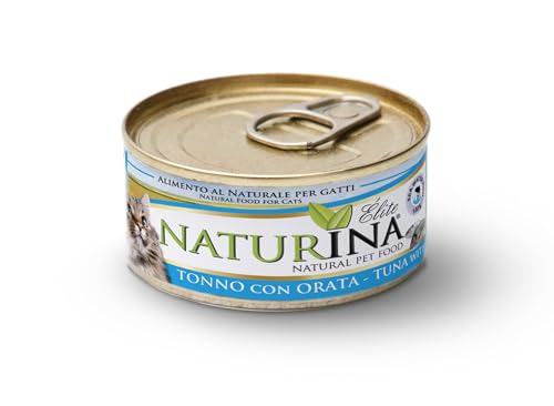 NATURINA - Elite Nassfutter für Katzen, Thunfisch mit Brasse, gedämpft und in Kochwasser konserviert, ohne Konservierungsstoffe und synthetische Farbstoffe, für alle Größen, 24 Dosen à 70 g von Naturina