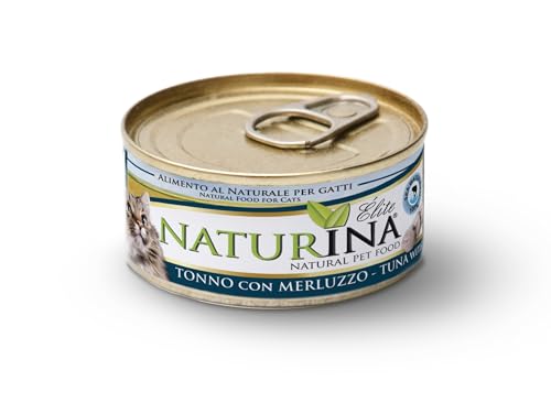 NATURINA - Elite Nassfutter für Katzen, Thunfisch mit Kabeljau, gedämpft und in Kochwasser konserviert, ohne Konservierungsstoffe und synthetische Farbstoffe, für alle Größen, 24 Dosen à 70 g von Naturina