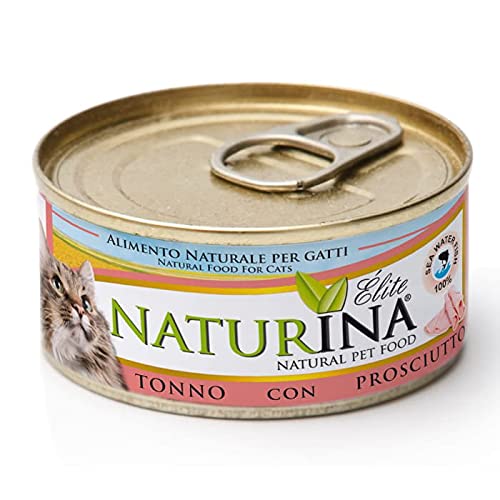 NATURINA - Elite Nassfutter für Katzen, Thunfisch mit Schinken, gedämpft und in Kochwasser konserviert, ohne Konservierungsstoffe und synthetische Farbstoffe, für alle Größen, 24 Dosen à 70 g von Naturina