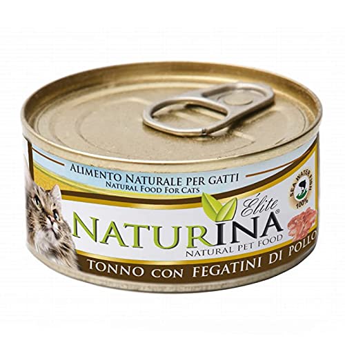NATURINA - Elite Nassfutter für Katzen Thunfisch mit Hühnerleber, gedämpft und in Kochwasser konserviert, ohne Konservierungsstoffe und Farbstoffe, für alle Größen, 24 Dosen à 70 g von Naturina