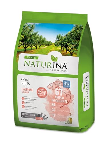 NATURINA - Elite Secco Coat Plus Monoprotein Lachs (55 %) Grain Free für erwachsene Hunde 12 kg Sack mit Vitaminen und Mineralien, ohne Farbstoffe und Konservierungsstoffe, für alle Größen. von Naturina