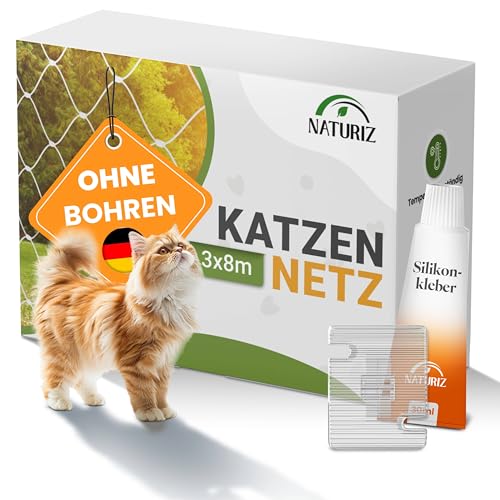 Naturiz® Katzennetz für Balkon ohne Bohren inkl. Haken & Silikonkleber – Katzenschutznetz für Balkon & Fenster, transparent - Taubennetz als Abwehr (3x8m) von Naturiz