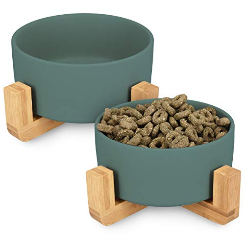 Navaris 2X Futternapf Katze mit Bambus Halter - Futterstation 2X Keramiknapf für Katzen Hunde - Keramik Fressnapf Set Futterbar mit Holz Halterung von Navaris