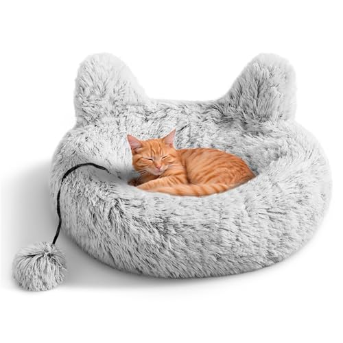 Navaris Donut Katzenbett mit Ohren und Spielzeug - maschinenwaschbarer Katzenkorb - herausnehmbares Katzenkissen - Katzen Bettchen flauschig - Design Katzen Bett von Navaris