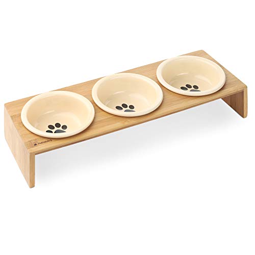 Navaris Futternapf Katze mit Bambus Halter - Futterstation Set Keramiknapf für Katzen Hunde - Keramik Fressnapf Set Futterbar mit Holz Halterung von Navaris