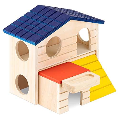 Navaris Hamster Haus aus Holz bunt - 2 Etagen Spielhaus für den Käfig - Goldhamster Zwerghamster Mäuse Holzhaus - Zubehör Spielzeug - Nager Häuschen von Navaris