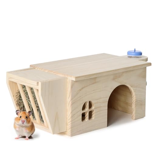 Navaris Hamsterhaus aus Holz - Hamsterversteck - Holzhaus Hamster - Inklusive Futter- und Wasserstation - Hamster Spielplatz - 3-in-1 Hamsterhaus - Heuraufe Hamster von Navaris