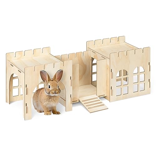 Navaris Hasenburg aus MDF 69 x 24 x 25,5 cm - Kaninchenhaus Nagerhaus Hasenhöhle zum Zusammenstecken - Holz Schloss für Kaninchen Hasen naturbelassen von Navaris