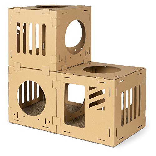 Navaris Katzentunnel aus Karton mit Kratzboards - 3tlg. Katzenhaus aus Pappe zum Zusammenstecken - Papphaus für Katzen - Katzenhöhle Haus Kartonhaus von Navaris
