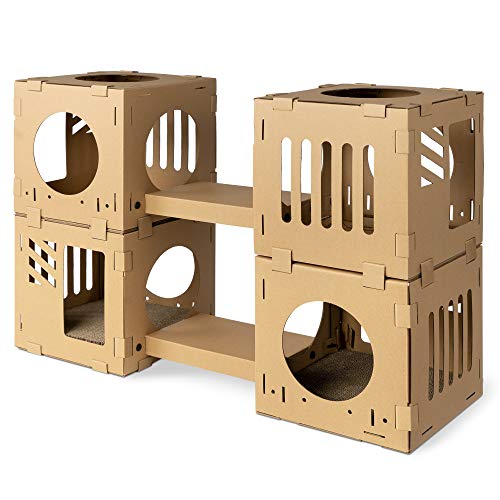 Navaris Katzentunnel aus Karton mit Kratzboards - 4tlg. Katzenhaus aus Pappe zum Zusammenstecken - Papphaus für Katzen - Katzenhöhle Haus Kartonhaus von Navaris