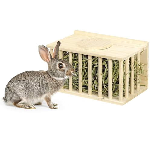 Navaris Meerschweinchen Haus - Heuraufe für Meerschweinchen - Meerschweinchen Zubehör - Hasen Zubehör - Heuraufe Kaninchen - Natürliches Kiefernholz - Mit Schiebedach von Navaris