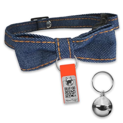 NaviTagi Cat Breakaway Jeans Halsband mit extra kleinem, leichtem Etikett, personalisiert mit QR-ID. 2 Telefone online aktualisierbar Name Safe Glocke Fliege Kätzchen erwachsene Katzen von NaviTagi