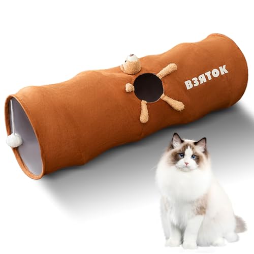 Faltbar Katzentunnel Katzenspielzeug mit Ball für Katzen Welphln Kaninchenoder Kleintiere Grau 80 * 25cm (Braun) von Nchdewui
