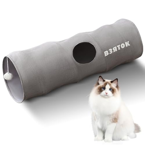 Faltbar Katzentunnel Katzenspielzeug mit Ball für Katzen Welphln Kaninchenoder Kleintiere Grau 80 * 25cm (Grau) von Nchdewui