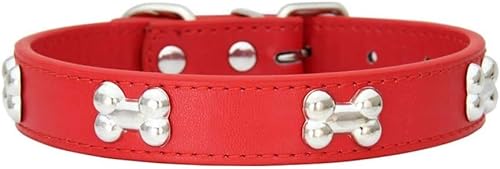 Hundehalsband aus echtem Leder, mit Metallknochen, sicher und bequem, verstellbare Größe, für kleine und mittelgroße Hunde (1,5 x 30 cm, Rot) von NeBaee