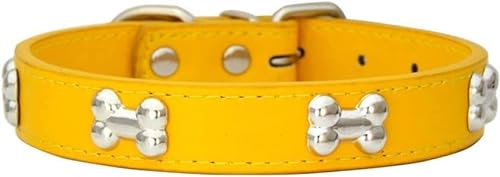 Hundehalsband aus echtem Leder, mit Metallknochen, sicher und bequem, verstellbare Größe, für kleine und mittelgroße Hunde (1,5 x 37 cm, Gelb) von NeBaee