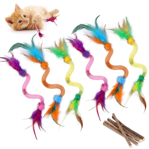 Necdeol 6 Stück Katzen Spielzeug, Katzenspielzeug Spirale mit 5 Katzenminze Sticks, Interaktive Catnip Spielzeug mit Katzenminze Balls, Federn für Katze Zähne Reinigung von Necdeol