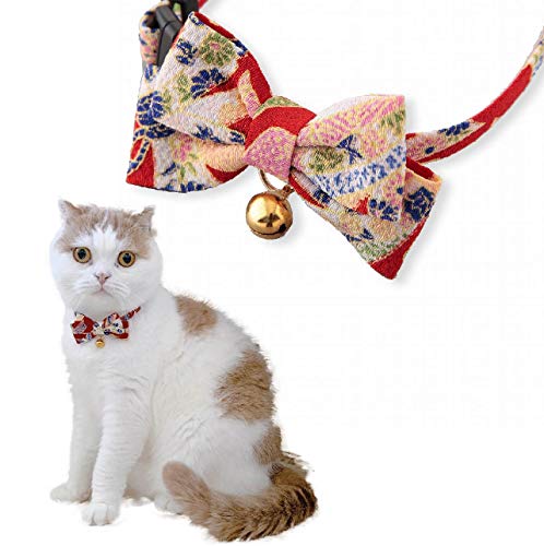 Necoichi Chirimen Kimono Katzenhalsband mit Fliege, rot von Necoichi