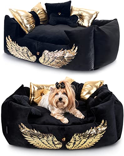 NELKE Exklusives Hundebett im Glamour-Stil Hundesofa schwarz mit goldenen Flügeln Luxuriöses Hundecouch für kleine und mittelgroße Hunde Hundekissen waschbar von NELKE