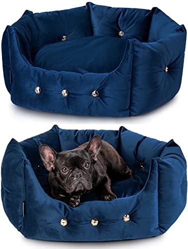 NELKE Europe Luxus Hundebett im Glamour Stil Navy-Blau Hundesofa für kleine und mittelgroße Hunde Kuscheliges Velour Haustierbett in handgemachter Premium-Qualität von NELKE