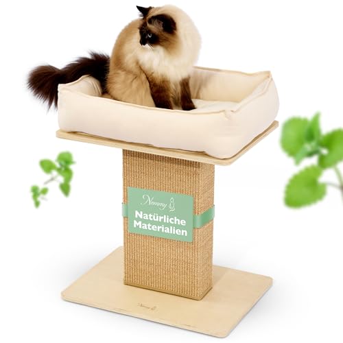 Nemmy Premium Kratzbaum klein beige | Stabiler Kratzstamm extra breit | Katzenbett mit Kissen | Katzenbaum große Katzen | Modern Holz Natur | Kratzsäule | Kratzstamm von Nemmy