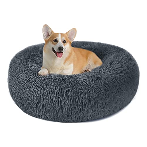 Hundebett Katzenbett Flauschig Rund aus Plüsch - Donut Kuscheliges Hundekissen Hundekorb Waschbar S/M/L/XL/XXL für Kleine, Mittelgroße und Große Hunde, Katzen und Andere Haustiere (L-60cm, Dunkelgrau) von Nepfaivy