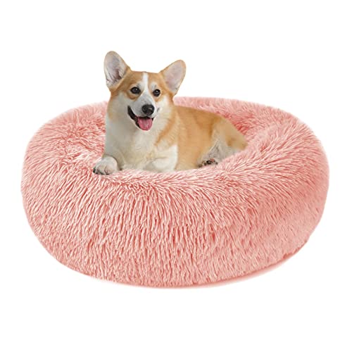 Hundebett Katzenbett Flauschig Rund aus Plüsch - Donut Kuscheliges Hundekissen Hundekorb Waschbar S/M/L/XL/XXL für Kleine, Mittelgroße und Große Hunde, Katzen und Andere Haustiere (L-60cm, Rosa) von Nepfaivy