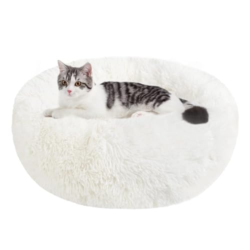 Hundebett Katzenbett Flauschig Rund aus Plüsch - Donut Kuscheliges Hundekissen Hundekorb Waschbar S/M/L/XL/XXL für Kleine, Mittelgroße und Große Hunde, Katzen und Andere Haustiere (M-50cm, Weiß) von Nepfaivy