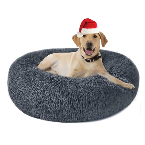 Hundebett Katzenbett Flauschig Rund aus Plüsch - Donut Kuscheliges Hundekissen Hundekorb Waschbar S/M/L/XL/XXL für Kleine, Mittelgroße und Große Hunde, Katzen und Andere Haustiere (XXL-80, Dunkelgrau) von Nepfaivy