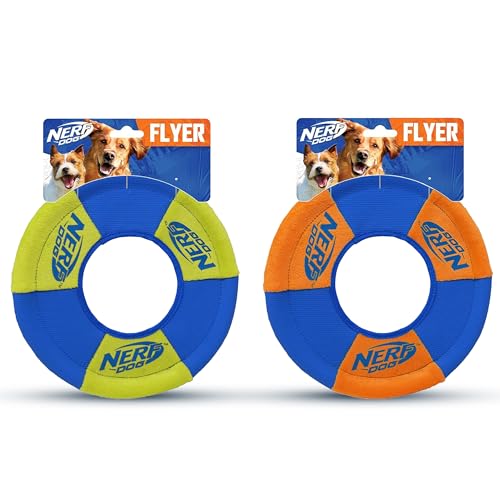 Nerf Dog Toss and Tug Ring Hundespielzeug, Fliegende Scheibe, leicht, langlebig und wasserabweisend, 22,9 cm Durchmesser, für mittelgroße/große Rassen, 2er-Pack, grün und orange von Nerf Dog