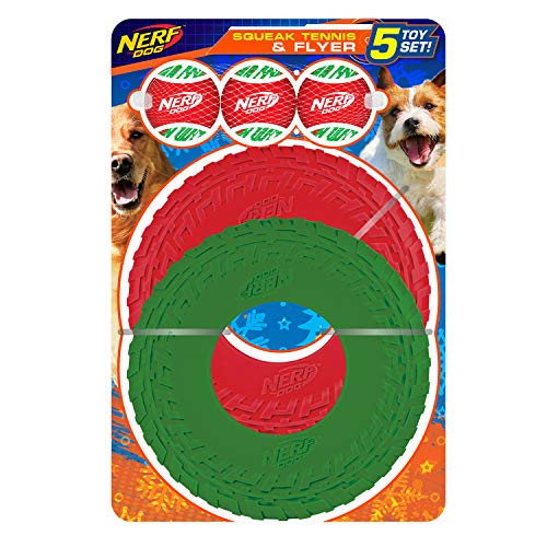 Nerf Dog 5-teiliges Hundespielzeug-Geschenk-Set, enthält 6,3 cm Quietsch-Tennisball, 3er-Pack und 25,4 cm TPR-Reifenflyer, 2er-Pack, Nerf Tough Material, Rot und Grün von Nerf Dog