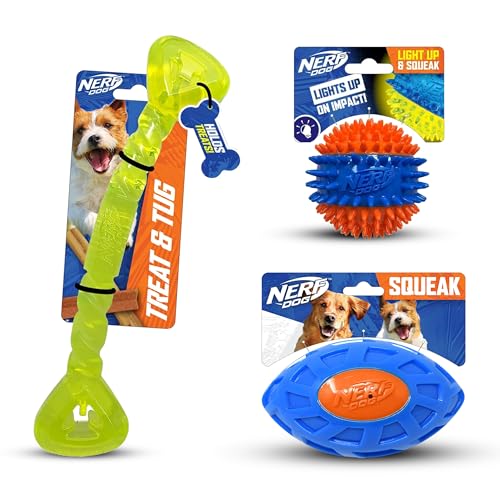 Nerf Dog Geschenkset mit DREI Spielzeugen: Spike Quietschball, Leckerli-Tug Bone, und EXO Squeak Fußball Geschenkset Nerf Dog Geschenkset mit DREI Spielzeugen: Spike Quietschball, Leckerli-Tug Bone, und EXO Squeak Fußball Geschenkset von Nerf Dog
