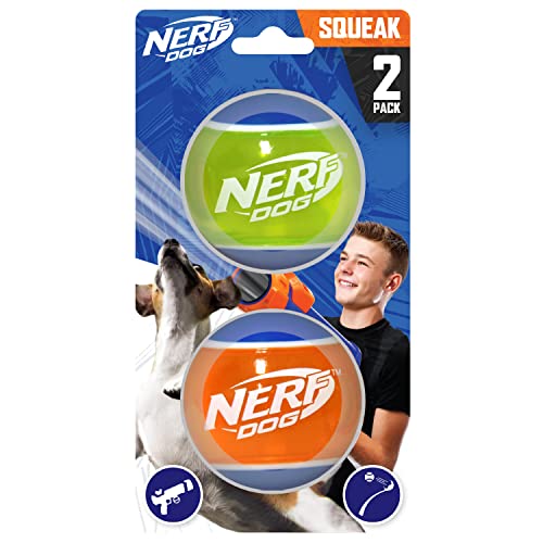 Nerf Dog Gummi-Tennisball Hundespielzeug mit interaktivem Quietscher, leicht, langlebig und wasserabweisend, 5,1 cm, für kleine, mittelgroße und große Rassen, 2 Stück, gemischte Farben, 2 Stück (1 von Nerf Dog