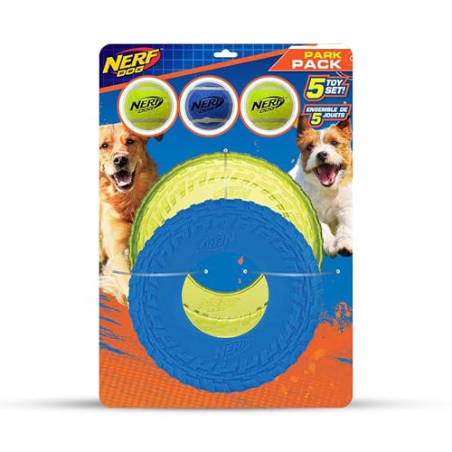 Nerf Dog Spielzeug-Geschenkset, 5-teiliges Outdoor-Hundespielzeug zum Apportieren, enthält 3 Quietsch-Tennisbälle und 2 Reifenflieger von Nerf Dog
