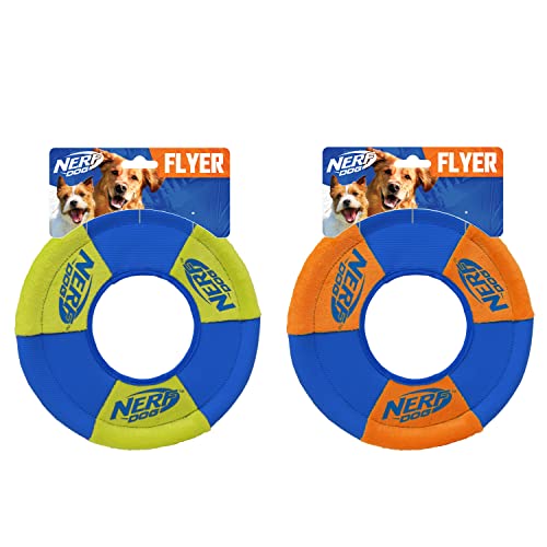 Nerf Dog Toss and Tug Ring Hundespielzeug, Fliegende Scheibe, leicht, langlebig und wasserabweisend, 22,9 cm Durchmesser, für mittelgroße/große Rassen, 2er-Pack, grün und orange von Nerf Dog