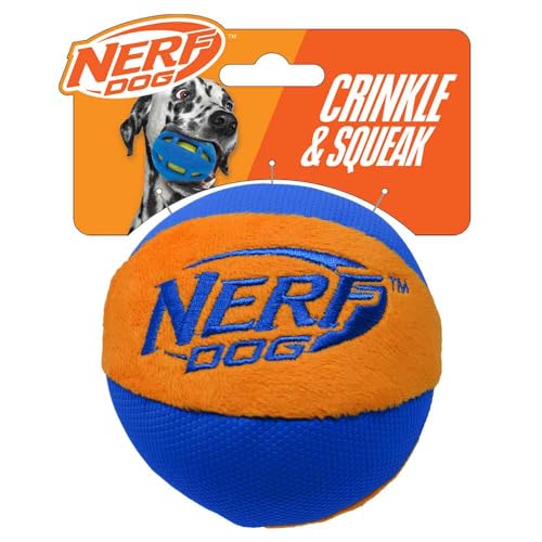 Nerf Dog Trackshot Ball Hundespielzeug mit interaktivem Quietscher und Crunch, leicht, langlebig und wasserabweisend, 11,4 cm, für mittelgroße/große Rassen, Einzeleinheit, Blau/Orange von Nerf Dog