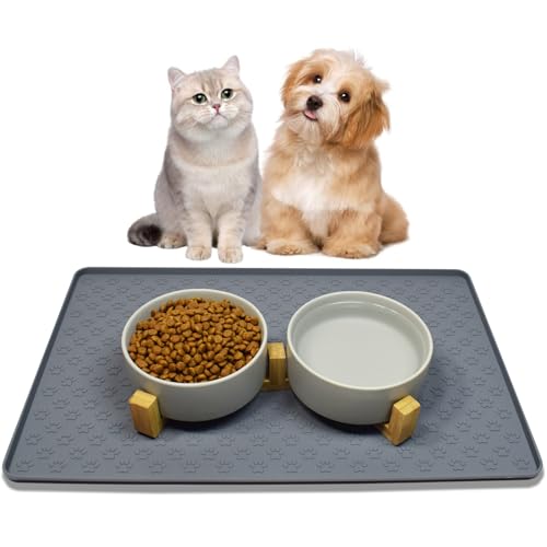 Nesirooh Katzennapf Hundenapf Keramik Doppel Futternapf Fressnapf Futterschüssel Wassernapf mit Bambus Ständer und Rutschfester Matte für Katzen und kleine Hunde (400ml, 2-Grau) von Nesirooh