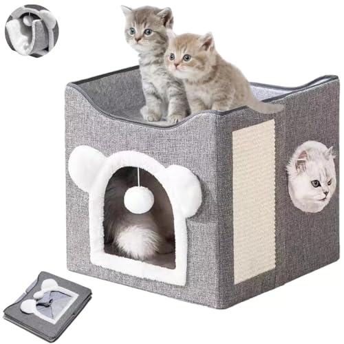 Nesrefyn Katzenbetten für Indoor-Katzen - Faltbares Katzenhöhlenhaus mit Kratzunterlage und flauschigem Ball, Kätzchenbett und Haustierbettmöbel, Grau von Nesrefyn