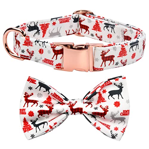 NestTimes Hundehalsband mit weihnachtlichem Hirsch- und Schnee-Motiv, abnehmbare Fliege, verstellbares Halsband für kleine, mittelgroße und große Hunde von NestTimes