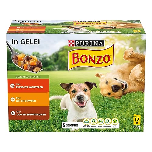 Bonzo Adult Hundefutter - Nassfutter mit Rind und Karotten, mit Huhn und Erbsen in Gelee 12 x 100g (48 Portionsbeutel; 4,8kg) von Purina