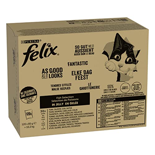 Felix So gut wie es aussieht Katzenfutter nass in Gelee, Fisch Sorten-Mix, 120er Pack (120 x 85g) von Nestle