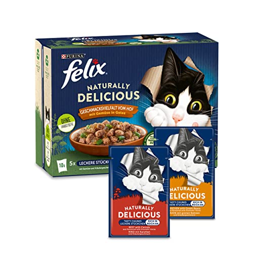Nestlé Felix Naturally Delicious Katzenfutter nass Geschmacksvielfalt vom Hof mit Gemüse in Gelee 6er Pack (10 x 80g) von Nestlé