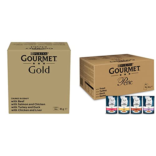 Nestlé PURINA Gourmet Gold Zarte Häppchen in Sauce Katzenfutter nass, 96er Pack (96 x 85g) & PURINA Gourmet Perle Erlesene Streifen in Gelee,12er Pack (12 x 8 Beutel à 85g) von Nestlé