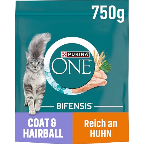 ONE BIFENSIS Coat & Hairball Katzenfutter trocken, reich an Huhn, 6er Pack (6 x 750g) von Nestle