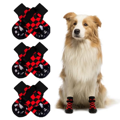 NeuWee 3 Paar Indoor Anti-Rutsch Socken für Hunde, Hundesocken Anti Rutsch, Weihnachtssocken für Hunde, Weicher Verstellbarer Pfotenschutz Hundesocken für den Innenbereich auf Hartholzböden (Rot, M) von NeuWee