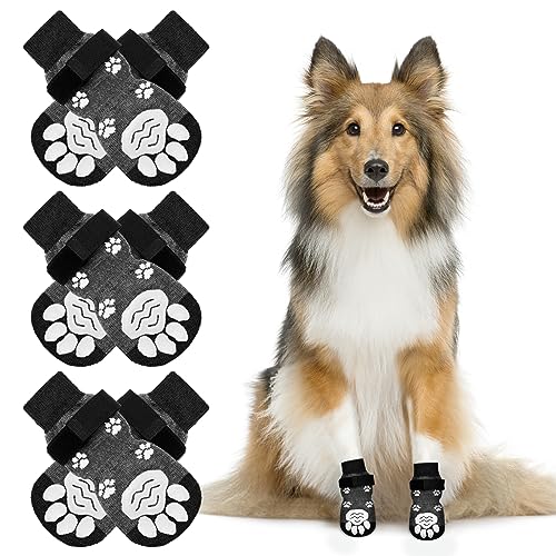 NeuWee 3 Paar Indoor Anti-Rutsch Socken für Hunde, Rutschfeste Hundesocken Mit Verstellbarer Riemen, Pfotenschutz Haftsocken für Drinnen, Traktionskontrolle für Innen Hartholzböden(Dunkelgrau, L) von NeuWee