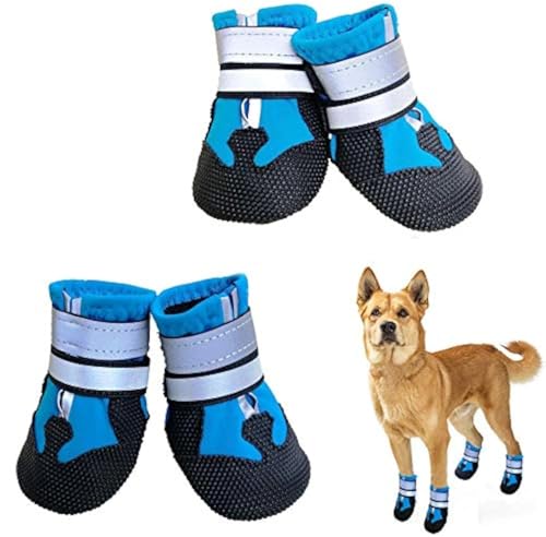 NeuWee Hundeschuhe, 4er-Set wasserdichte Hundeschuhe Anti-rutsch Hundestiefe mit reflektierendem Riemen, Regenschuhe Hundestiefel Pfotenschutz für Kleine Mittelgroße Große Hunde (XL, Blau) von NeuWee