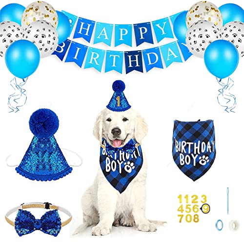 NeuWee Hund Geburtstag Bandana Hut Banner Set, Hund Geburtstagsfeier Dekoration mit Hundehalstuch, Happy Birthday Banner, Luftballons, Hund Geburtstagshut, Hunde-Fliege für Katzen und Hunde (Blau) von NeuWee